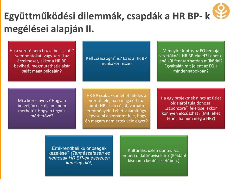 Mennyire fontos az EQ témája vezetőknél, HR BP-eknél? Lehet-e enélkül fenntarthatóan működni? Egyáltalán mit jelent az EQ a mindennapokban? Mi a közös nyelv? Hogyan beszéljünk arról, ami nem mérhető?