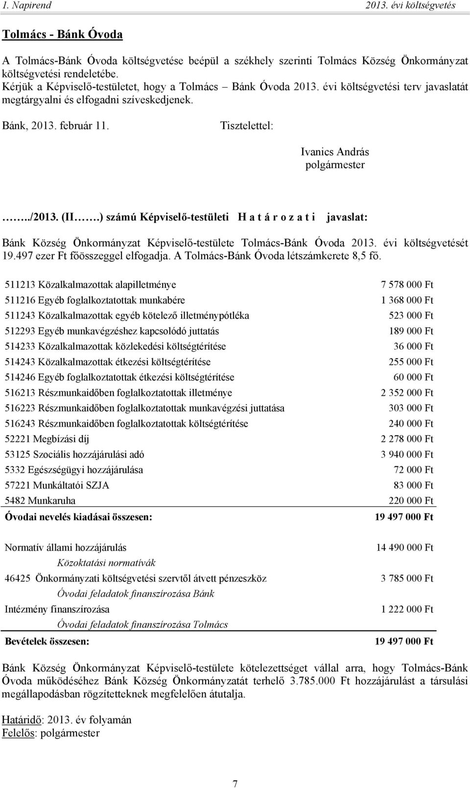 Tisztelettel: Ivanics András polgármester../2013. (II.) számú Képviselő-testületi H a t á r o z a t i javaslat: Bánk Község Önkormányzat Képviselő-testülete Tolmács-Bánk Óvoda 2013.