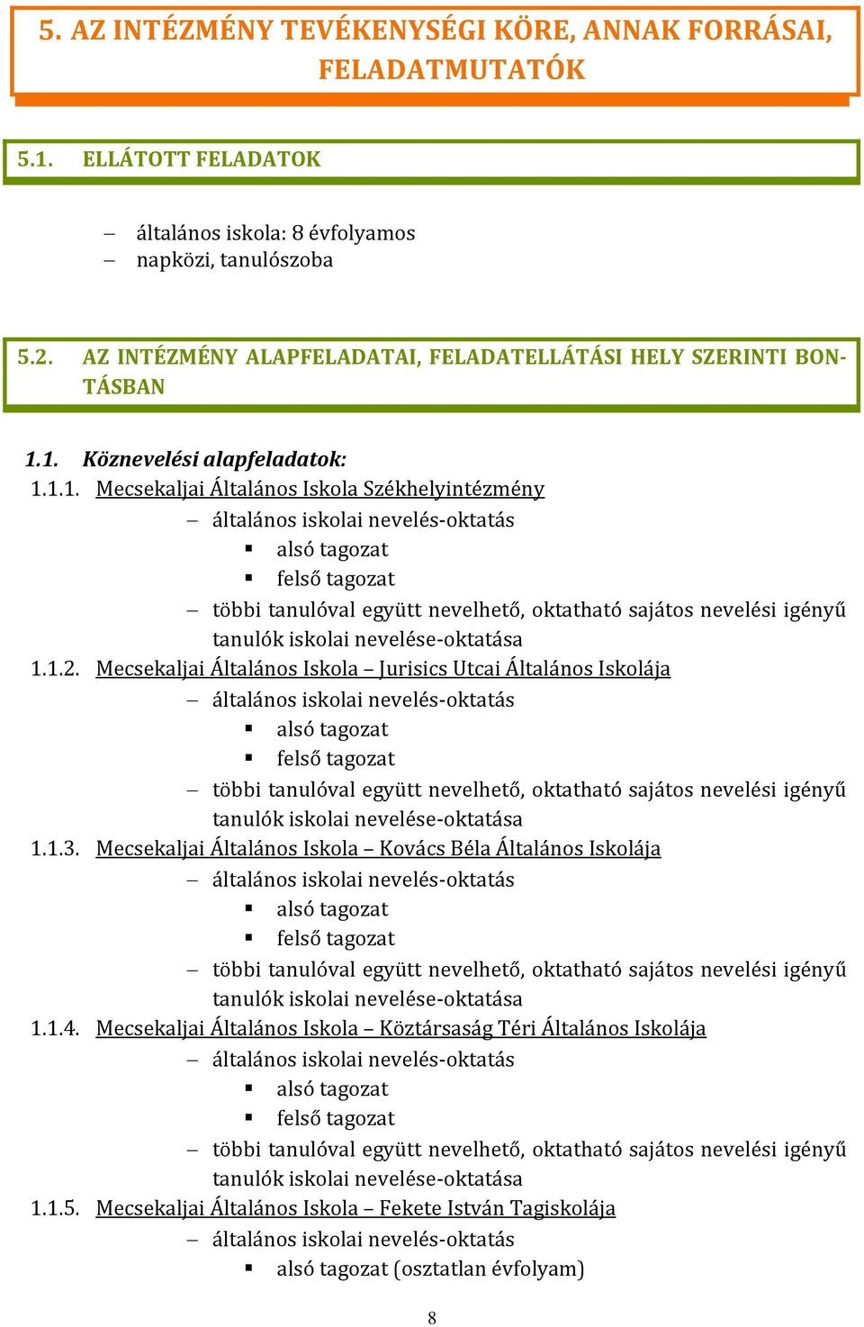 1. Köznevelési alapfeladatok: 1.1.1. Mecsekaljai Általános Iskola Székhelyintézmény általános iskolai nevelés-oktatás alsó tagozat felső tagozat többi tanulóval együtt nevelhető, oktatható sajátos