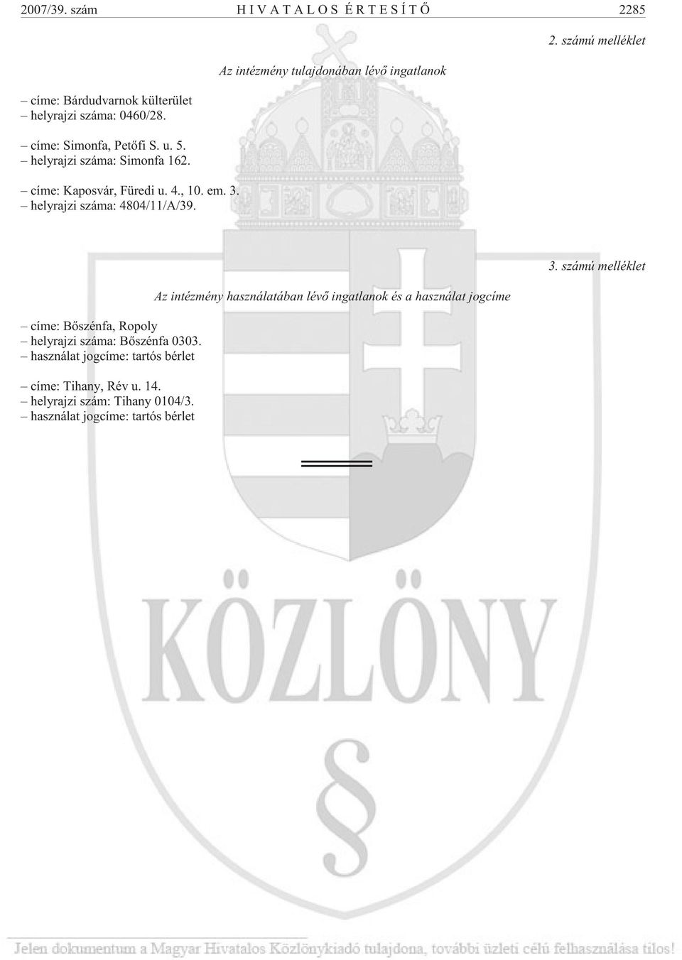 Az intézmény tulajdonában lévõ ingatlanok 2. számú melléklet címe: Bõszénfa, Ropoly helyrajzi száma: Bõszénfa 0303.