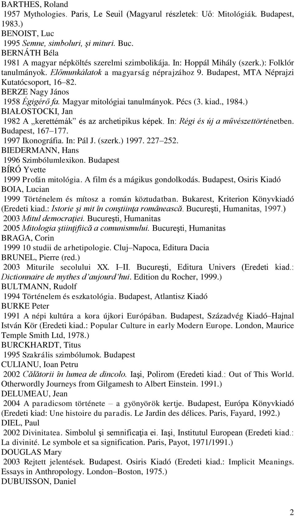 BERZE Nagy János 1958 Égigérő fa. Magyar mitológiai tanulmányok. Pécs (3. kiad., 1984.) BIAŁOSTOCKI, Jan 1982 A kerettémák és az archetipikus képek. In: Régi és új a művészettörténetben.