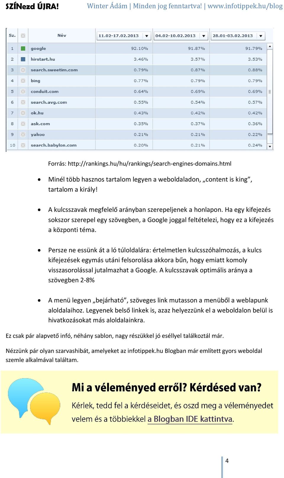 Persze ne essünk át a ló túloldalára: értelmetlen kulcsszóhalmozás, a kulcs kifejezések egymás utáni felsorolása akkora bűn, hogy emiatt komoly visszasorolással jutalmazhat a Google.