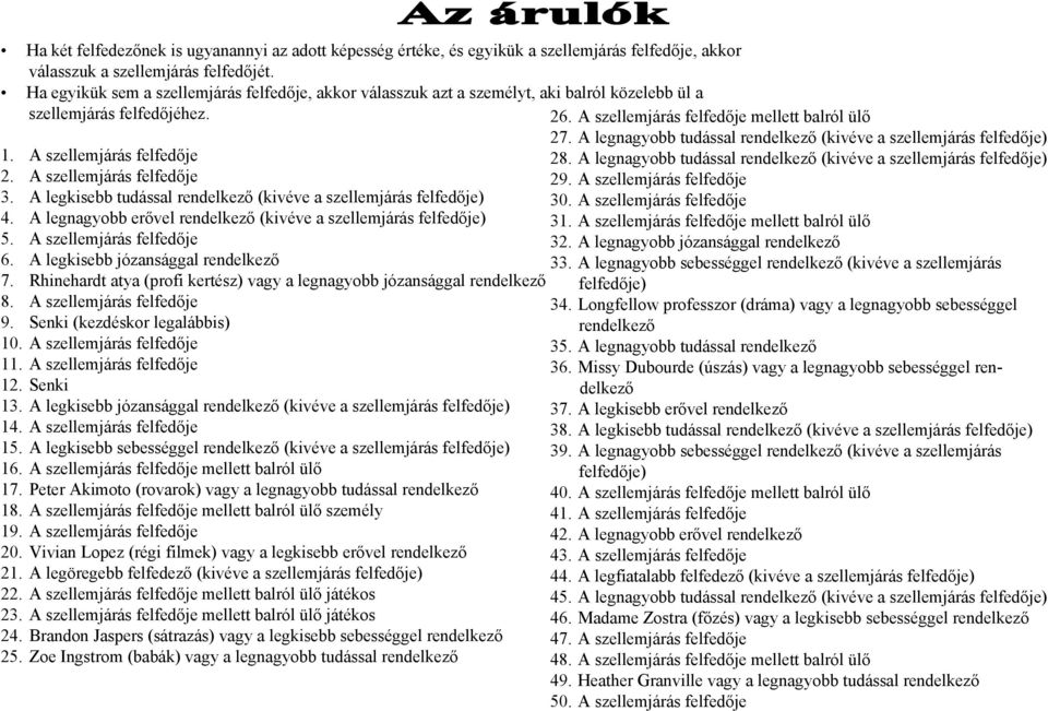 A legkisebb tudással rendelkező (kivéve a szellemjárás felfedője) 4. A legnagyobb erővel rendelkező (kivéve a szellemjárás felfedője) 5. A szellemjárás felfedője 6.