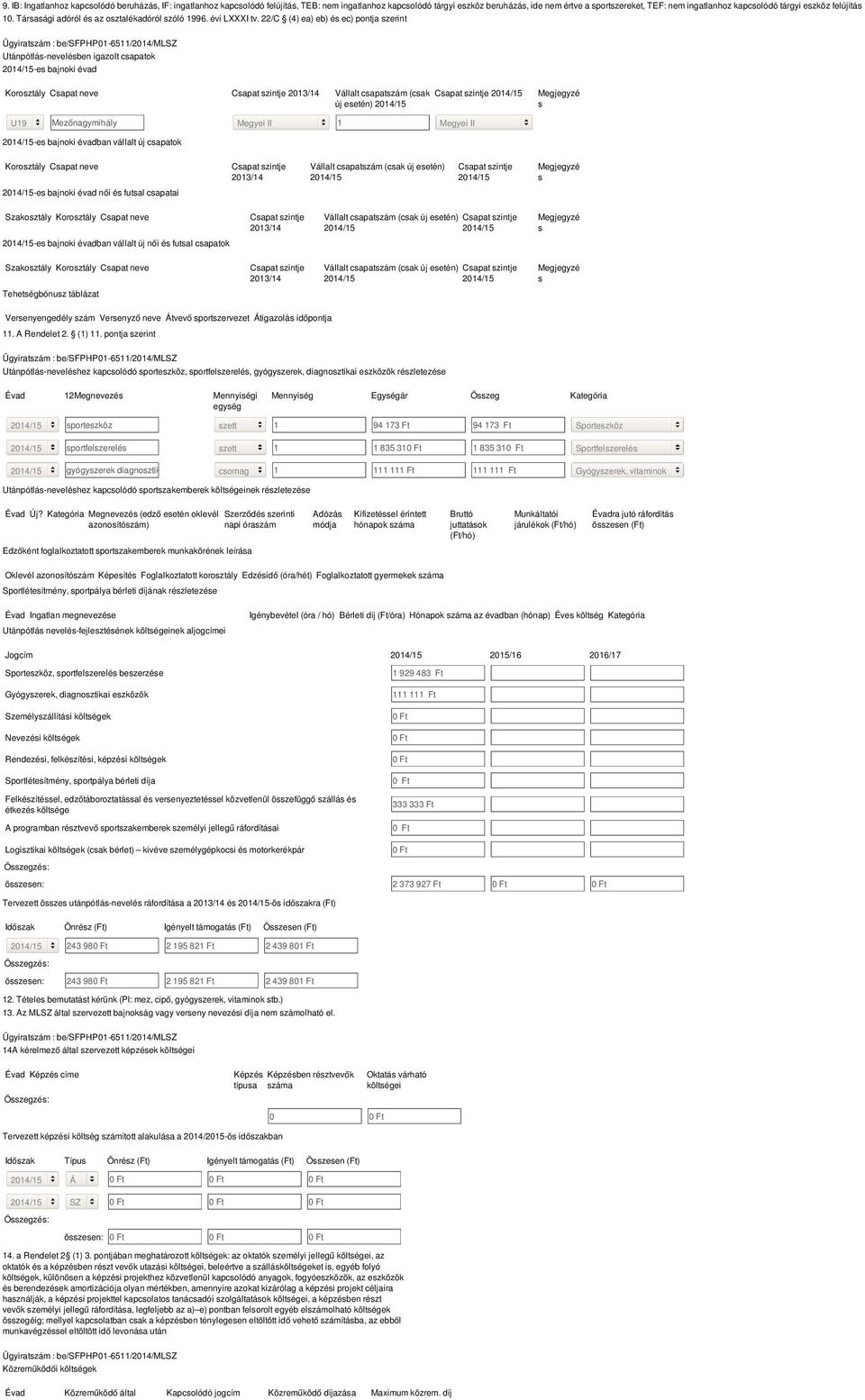 22/C (4) ea) eb) és ec) pontja szerint Utánpótlás-nevelésben igazolt csapatok -es bajnoki évad Korosztály Csapat neve Csapat szintje 2013/14 Vállalt csapatszám (csak új esetén) Csapat szintje