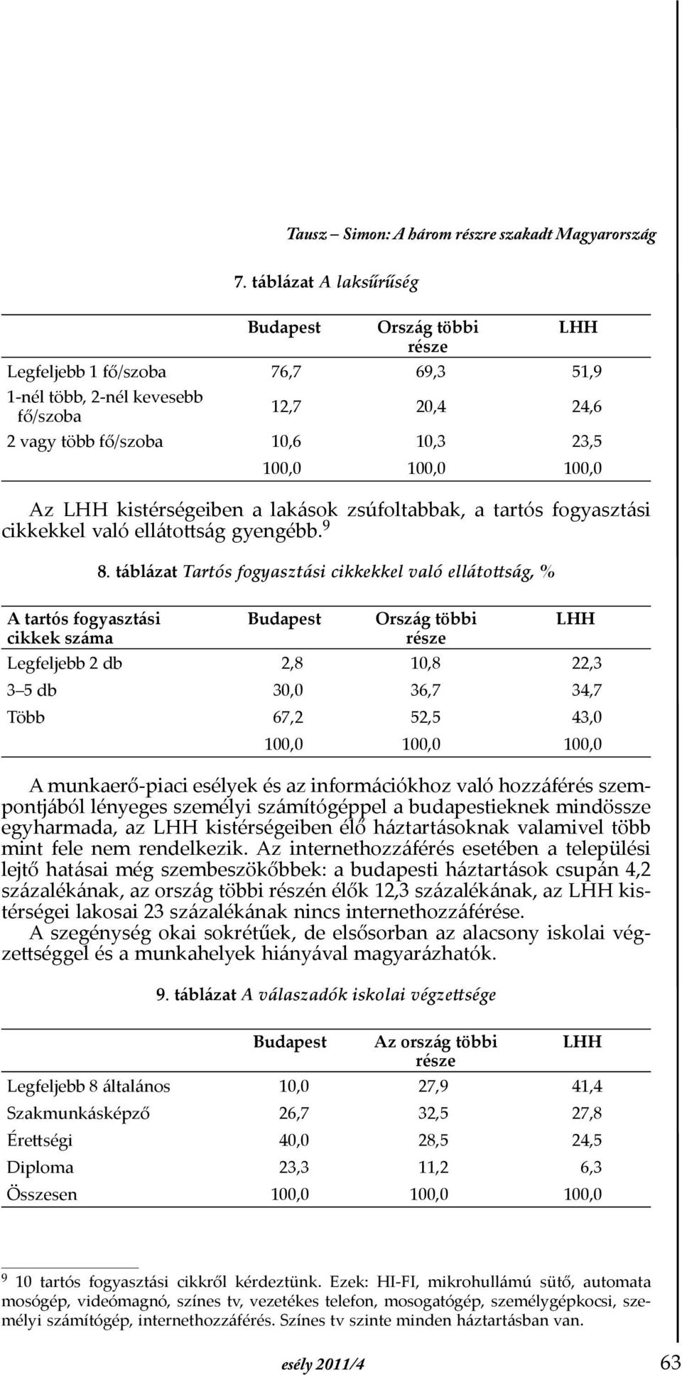 lakások zsúfoltabbak, a tartós fogyasztási cikkekkel való ellátottság gyengébb. 9 8.