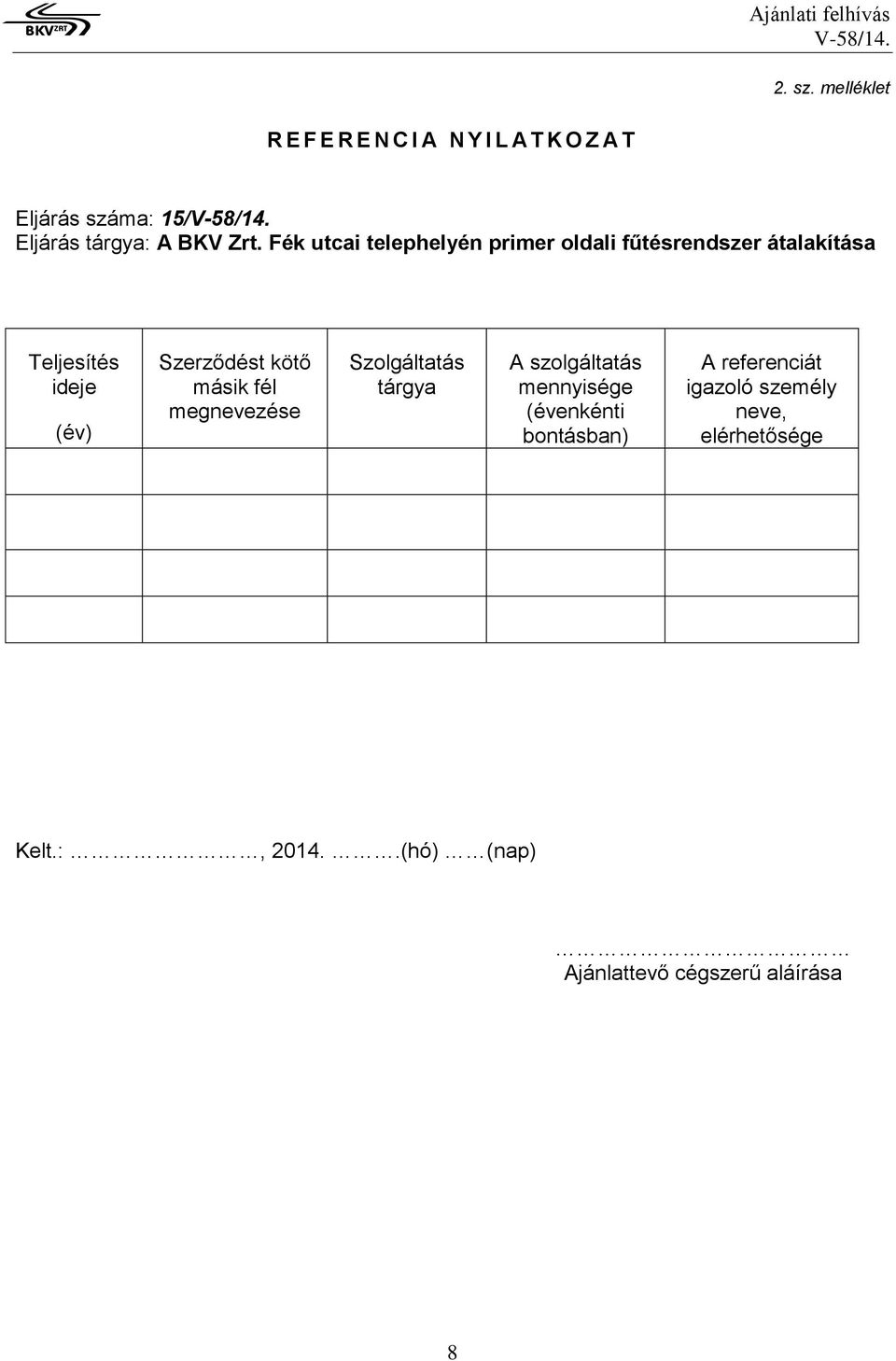 Zrt. Fék utcai telephelyén primer oldali fűtésrendszer átalakítása Teljesítés ideje (év)