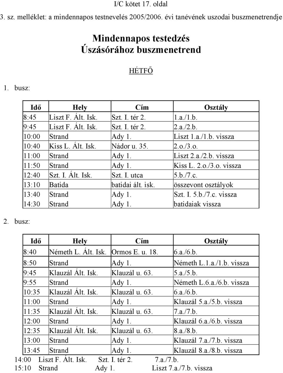 35. 2.o./3.o. 11:00 Strand Ady 1. Liszt 2.a./2.b. vissza 11:50 Strand Ady 1. Kiss L. 2.o./3.o. vissza 12:40 Szt. I. Ált. Isk. Szt. I. utca 5.b./7.c. 13:10 Batida batidai ált. isk.