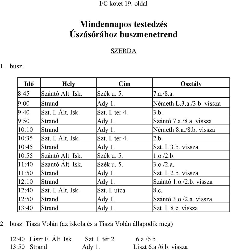 Isk. Szék u. 5. 1.o./2.b. 11:40 Szántó Ált. Isk. Szék u. 5. 3.o./2.a. 11:50 Strand Ady 1. Szt. I. 2.b. vissza 12:10 Strand Ady 1. Szántó 1.o./2.b. vissza 12:40 Szt. I. Ált. Isk. Szt. I. utca