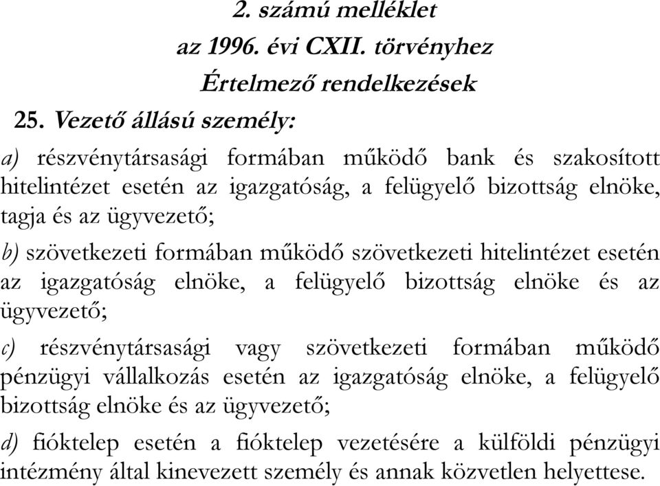 és az ügyvezető; b) szövetkezeti formában működő szövetkezeti hitelintézet esetén az igazgatóság elnöke, a felügyelő bizottság elnöke és az ügyvezető; c)