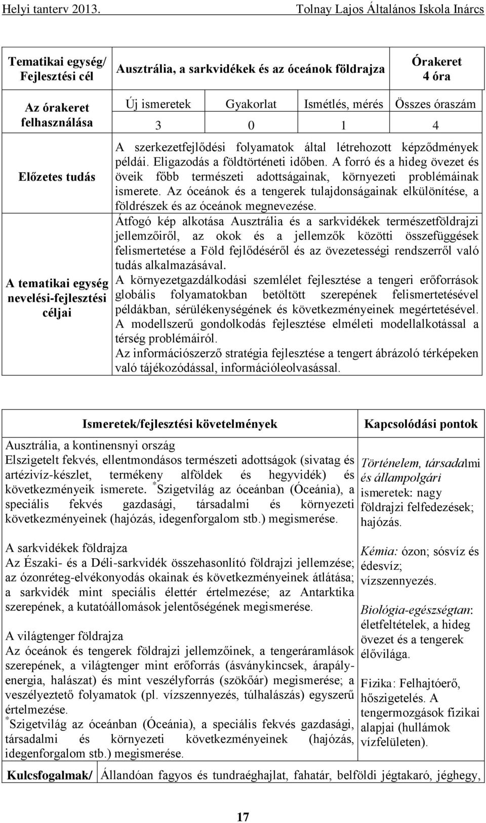 A forró és a hideg övezet és öveik főbb természeti adottságainak, környezeti problémáinak ismerete. Az óceánok és a tengerek tulajdonságainak elkülönítése, a földrészek és az óceánok megnevezése.