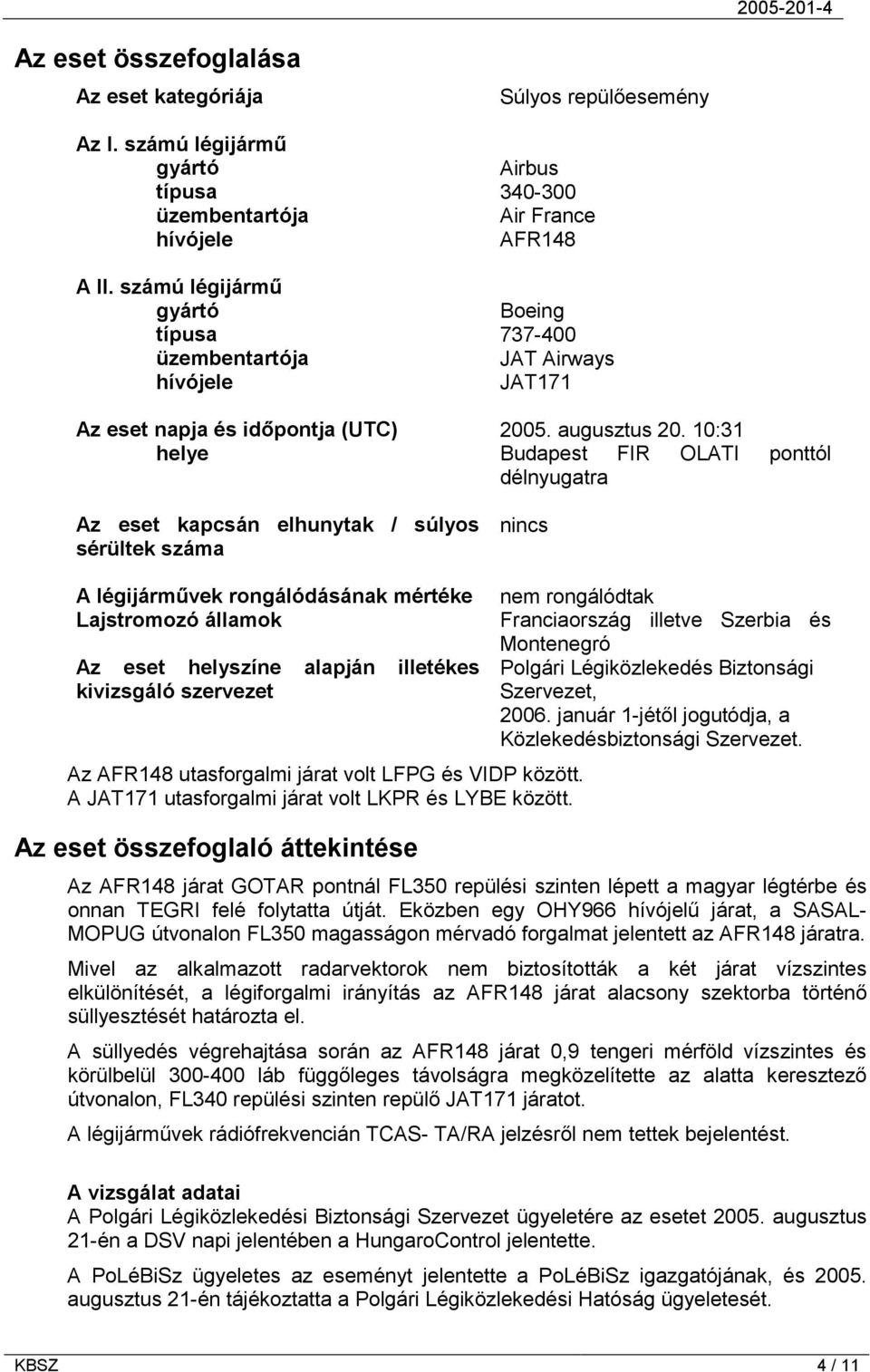 10:31 helye Budapest FIR OLATI ponttól délnyugatra Az eset kapcsán elhunytak / súlyos sérültek száma nincs A légijárművek rongálódásának mértéke Lajstromozó államok Az eset helyszíne alapján