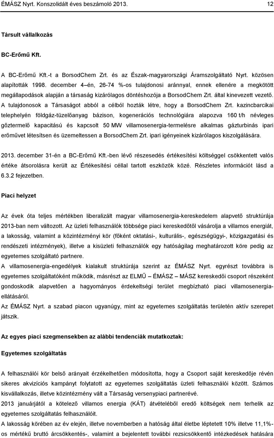 A tulajdonosok a Társaságot abból a célból hozták létre, hogy a BorsodChem Zrt.