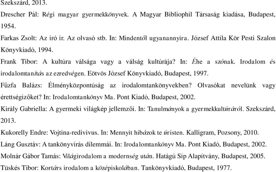 Eötvös József Könyvkiadó, Budapest, 1997. Fűzfa Balázs: Élményközpontúság az irodalomtankönyvekben? Olvasókat nevelünk vagy érettségizőket? In: Irodalomtankönyv Ma. Pont Kiadó, Budapest, 2002.