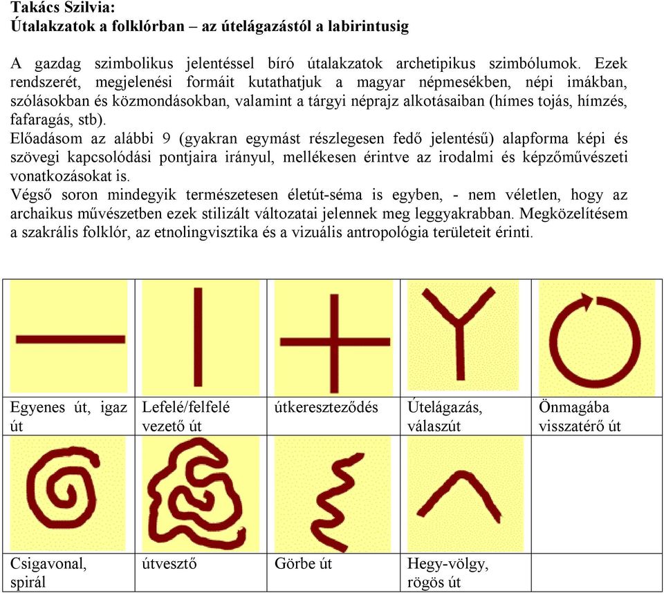 Előadásom az alábbi 9 (gyakran egymást részlegesen fedő jelentésű) alapforma képi és szövegi kapcsolódási pontjaira irányul, mellékesen érintve az irodalmi és képzőművészeti vonatkozásokat is.