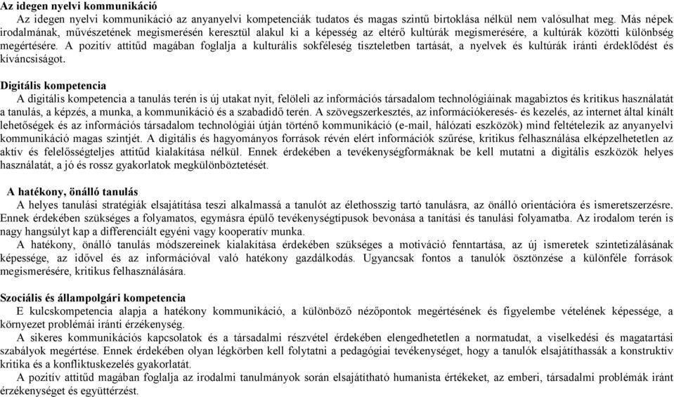 A pozitív attitűd magában foglalja a kulturális sokféleség tiszteletben tartását, a nyelvek és kultúrák iránti érdeklődést és kíváncsiságot.