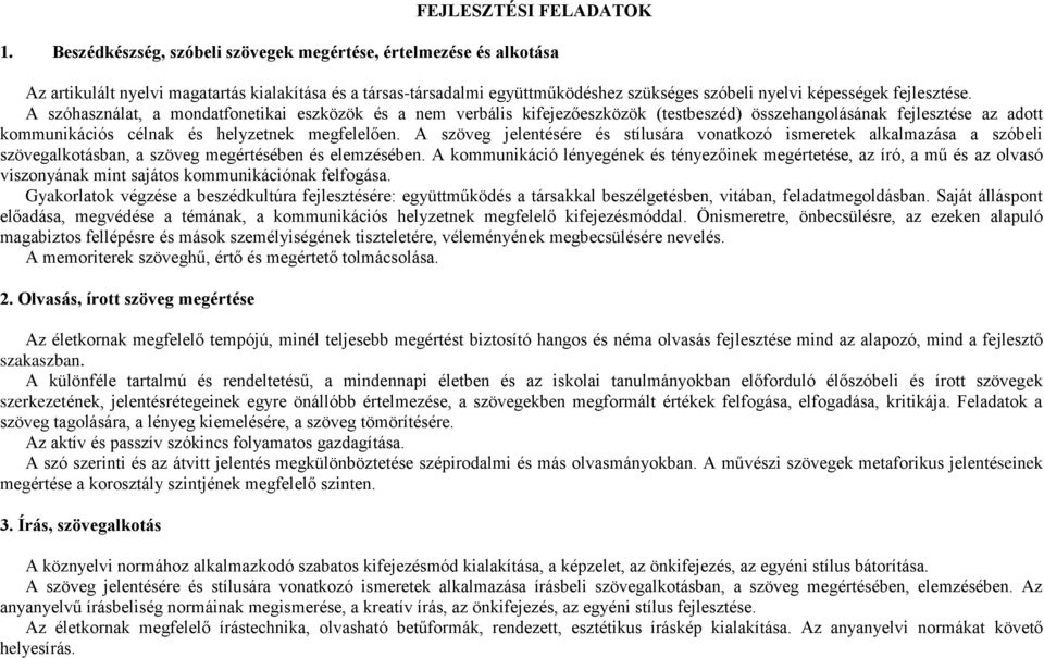 A szóhasználat, a mondatfonetikai eszközök és a nem verbális kifejezőeszközök (testbeszéd) összehangolásának fejlesztése az adott kommunikációs célnak és helyzetnek megfelelően.