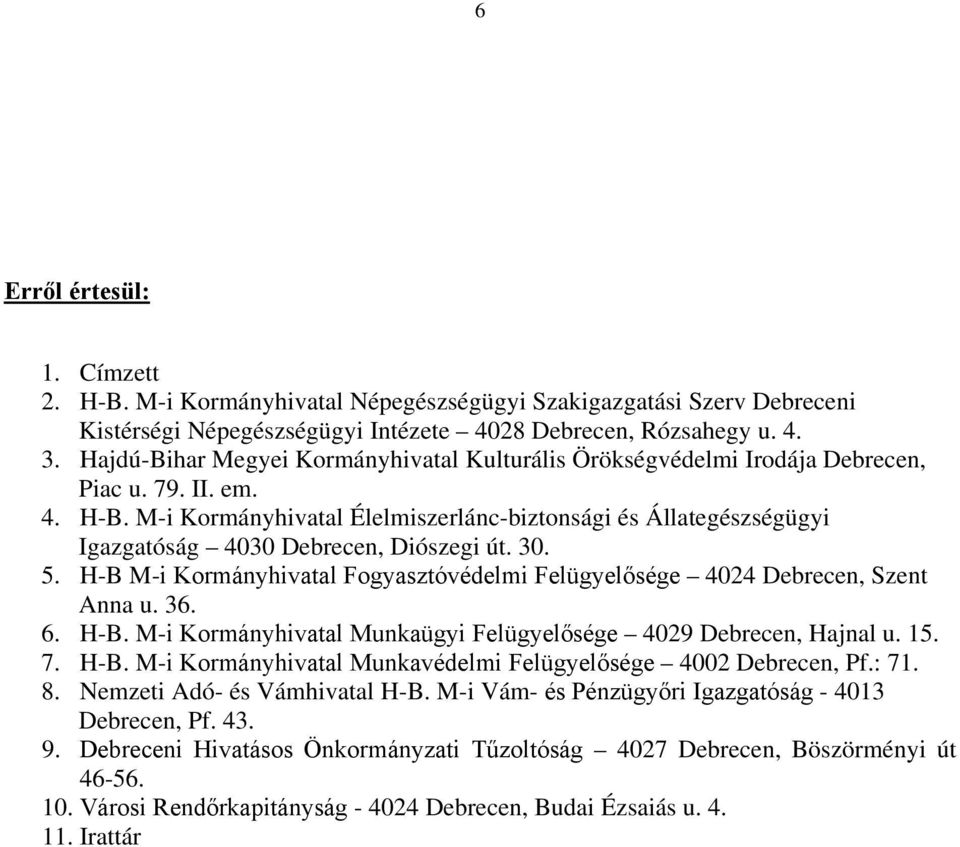 M-i Kormányhivatal Élelmiszerlánc-biztonsági és Állategészségügyi Igazgatóság 4030 Debrecen, Diószegi út. 30. 5. H-B M-i Kormányhivatal Fogyasztóvédelmi Felügyelősége 4024 Debrecen, Szent Anna u. 36.