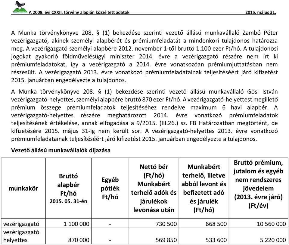 évre vonatkozóan prémiumjuttatásban nem részesült. A 2013. évre vonatkozó prémiumfeladatainak teljesítéséért járó kifizetést 2015. januárban engedélyezte a tulajdonos. A Munka törvénykönyve 208.