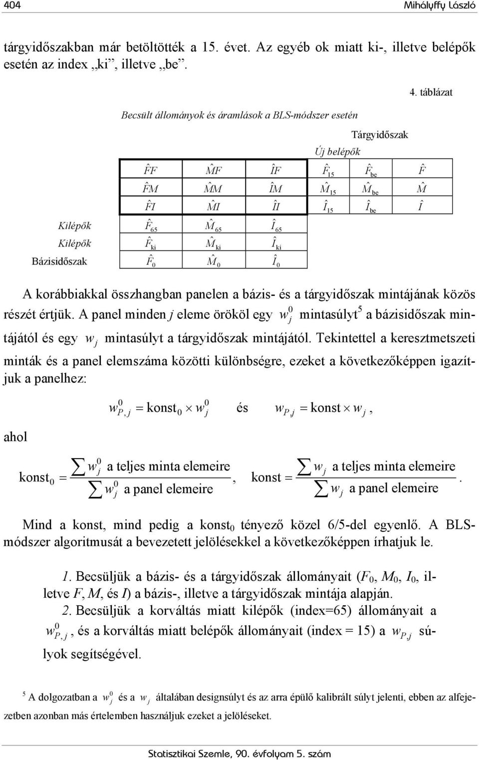 Bázisidőszak ˆF ˆM Î ˆF be 4. táblázat A korábbiakkal összhangban panelen a bázis- és a tárgyidőszak mintáának közös részét értük.