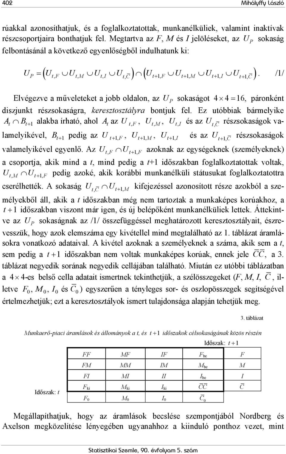 /1/ P t F t M t I t F t M t I Elvégezve a műveleteket a obb oldalon, az U P sokaságot 4 4= 16, páronként diszunkt részsokaságra, keresztosztályra bontuk fel.