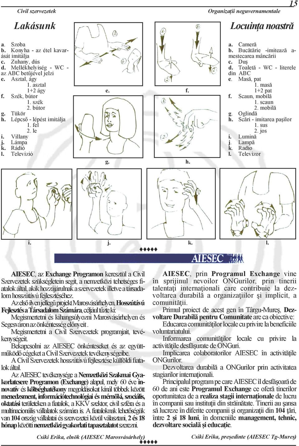 Bucătărie -imitează amestecarea mâncării c. Duș d. Toaletă - WC - literele din ABC e. Masă, pat 1. masă 1+2 pat f. Scaun, mobilă 1. scaun 2. mobilă g. Oglindă h. Scări - imitarea pașilor 1. sus 2.