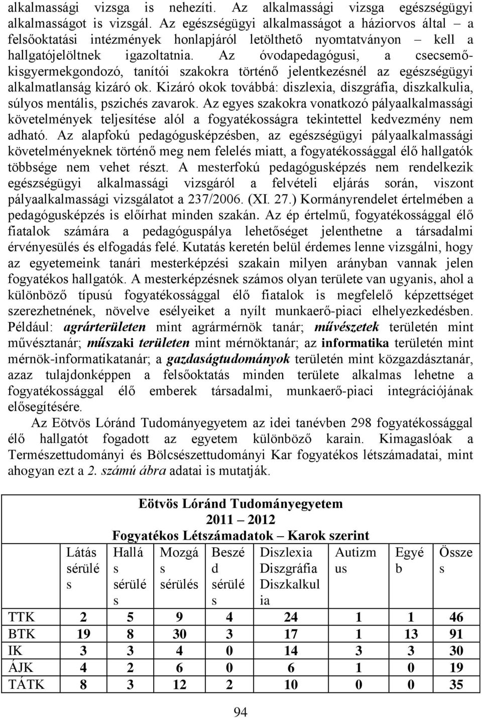 Az óvodapedagógusi, a csecsemőkisgyermekgondozó, tanítói szakokra történő jelentkezésnél az egészségügyi alkalmatlanság kizáró ok.