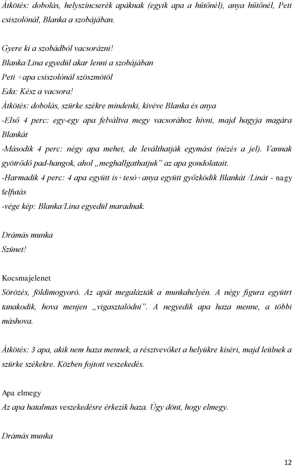 Átkötés: dobolás, szürke székre mindenki, kivéve Blanka és anya -Első 4 perc: egy-egy apa felváltva megy vacsorához hívni, majd hagyja magára Blankát -Második 4 perc: négy apa mehet, de leválthatják