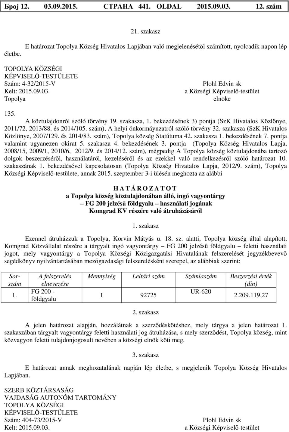 bekezdésének 3) pontja (SzK Hivatalos Közlönye, 2011/72, 2013/88. és 2014/105. szám), A helyi önkormáynzatról szóló törvény 32. szakasza (SzK Hivatalos Közlönye, 2007/129. és 2014/83.