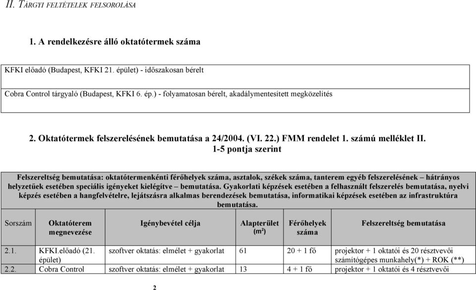 1-5 pontja szerint Felszereltség bemutatása: oktatótermenkénti férőhelyek száma, asztalok, székek száma, tanterem egyéb felszerelésének hátrányos helyzetűek esetében speciális igényeket kielégítve