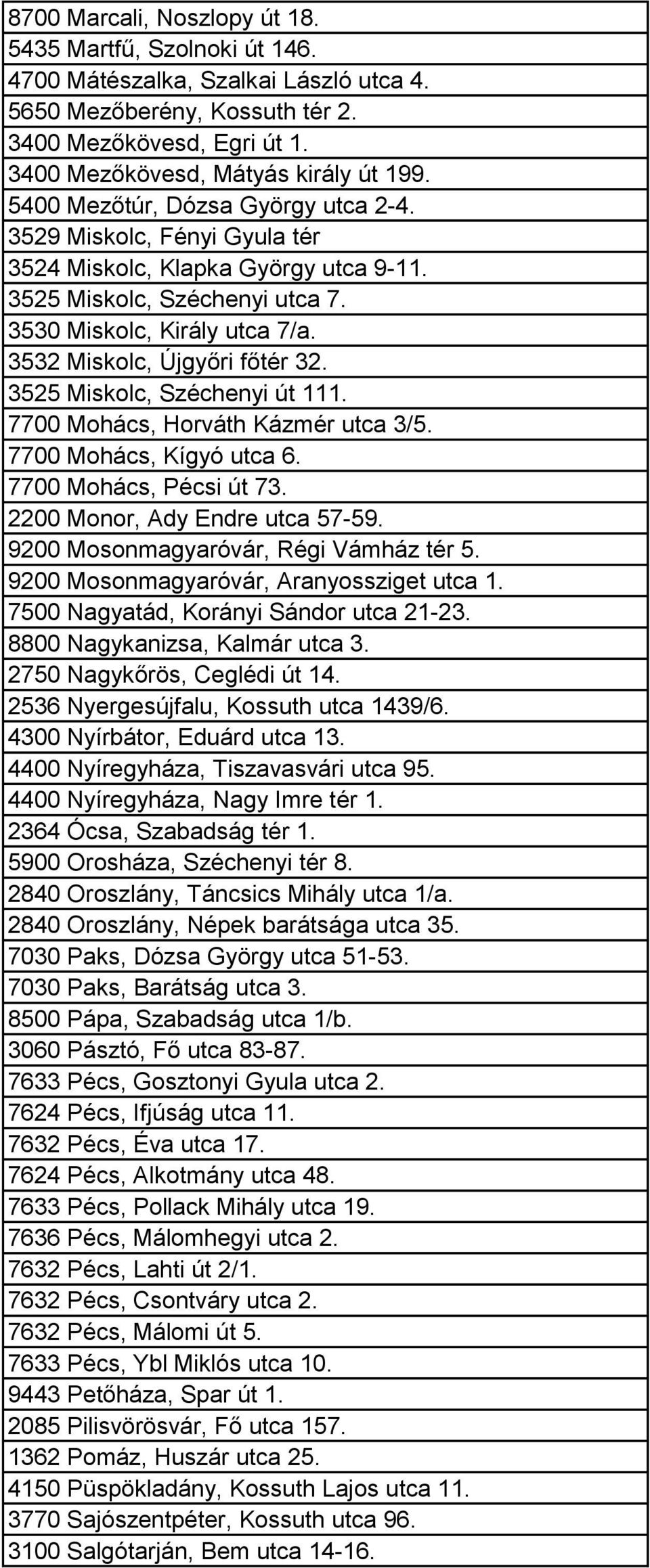 3525 Miskolc, Széchenyi út 111. 7700 Mohács, Horváth Kázmér utca 3/5. 7700 Mohács, Kígyó utca 6. 7700 Mohács, Pécsi út 73. 2200 Monor, Ady Endre utca 57-59. 9200 Mosonmagyaróvár, Régi Vámház tér 5.