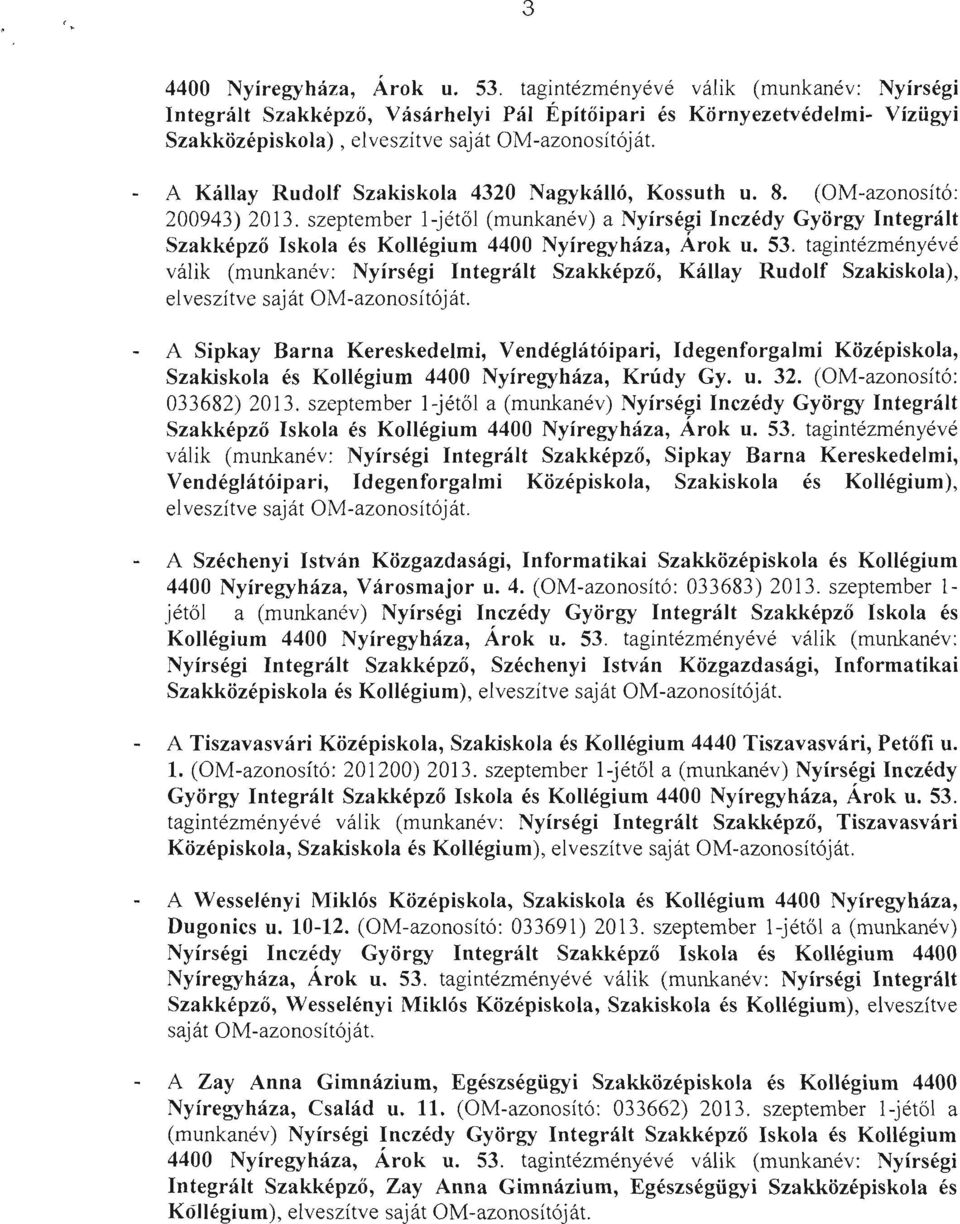 A Kállay Rudolf Szakiskola 4320 Nagykálló, Kossuth u. 8. (OM-azonosító: 200943) 2013.