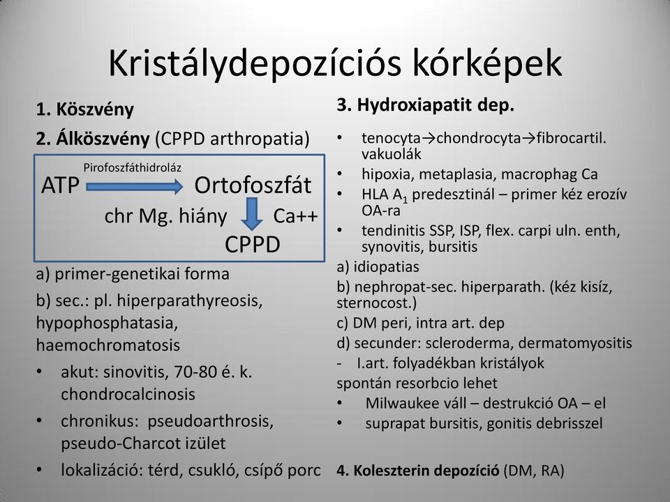 chondrocalcinosis Ortofoszfát CPPD chronikus: pseudoarthrosis, pseudo-charcot izület Ca++ lokalizáció: térd, csukló, csípő porc 3. Hydroxiapatit dep. tenocyta chondrocyta fibrocartil.