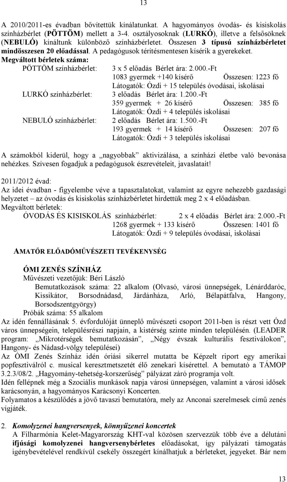 A pedagógusok térítésmentesen kísérik a gyerekeket. Megváltott bérletek száma: PÖTTÖM színházbérlet: LURKÓ színházbérlet: NEBULÓ színházbérlet: 3 x 5 előadás Bérlet ára: 2.000.