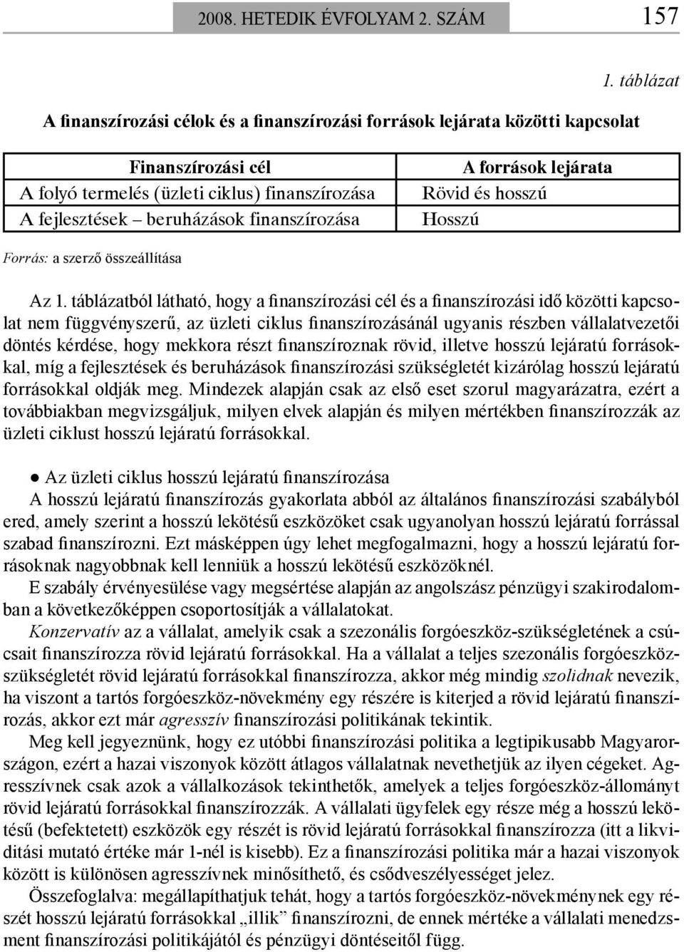 táblázatból látható, hogy a finanszírozási cél és a finanszírozási idő közötti kapcsolat nem függvényszerű, az üzleti ciklus finanszírozásánál ugyanis részben vállalatvezetői döntés kérdése, hogy