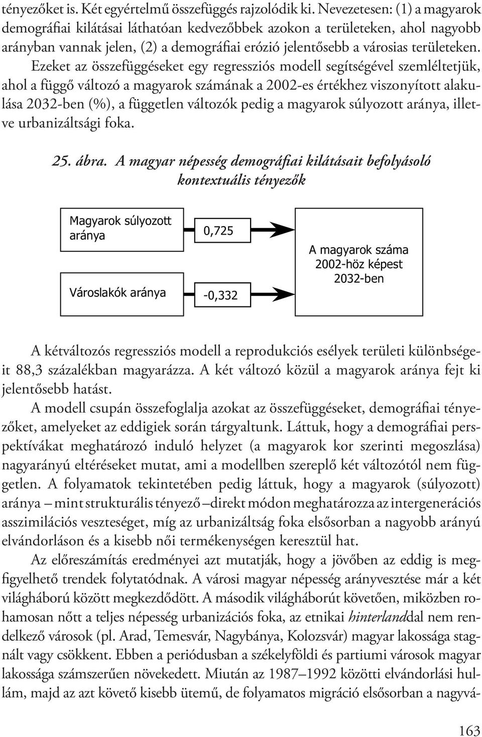 Ezeket az összefüggéseket egy regressziós modell segítségével szemléltetjük, ahol a függő változó a magyarok számának a 2002-es értékhez viszonyított alakulása 2032-ben (%), a független változók