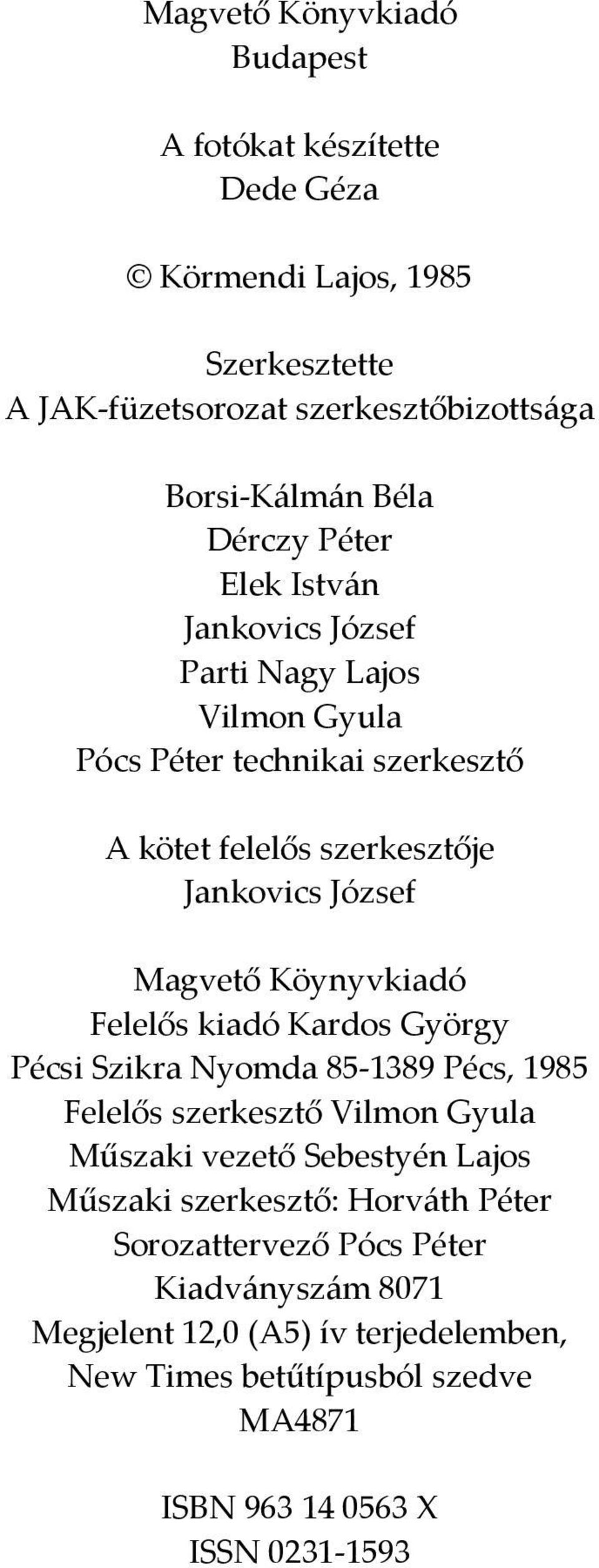 Köynyvkiadó Felelős kiadó Kardos György Pécsi Szikra Nyomda 85-1389 Pécs, 1985 Felelős szerkesztő Vilmon Gyula Műszaki vezető Sebestyén Lajos Műszaki