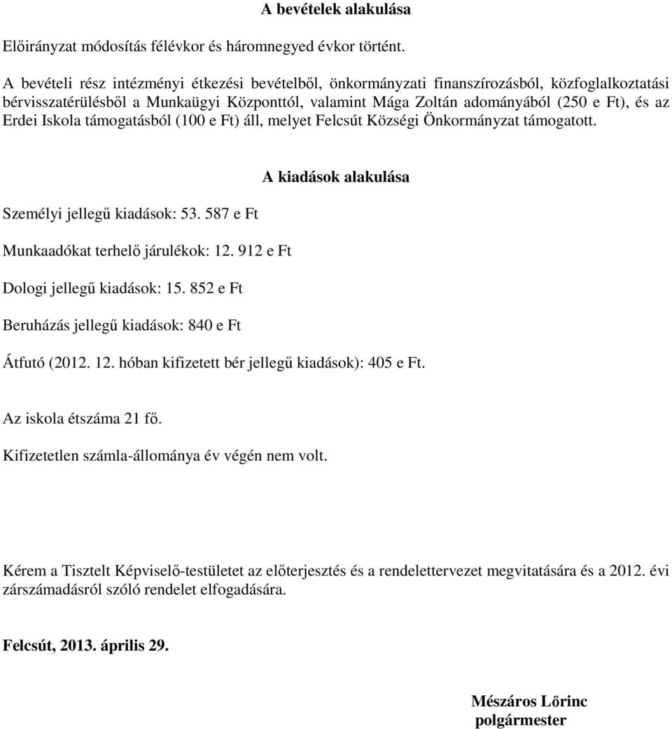 Iskola támogatásból (100 e Ft) áll, melyet Felcsút Községi Önkormányzat támogatott. A kiadások alakulása Személyi jellegű kiadások: 53. 587 e Ft Munkaadókat terhelő járulékok: 12.