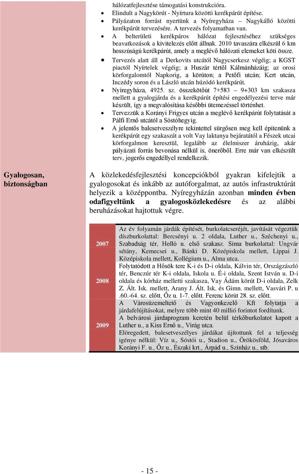 2010 tavaszára elkészül 6 km hosszúságú kerékpárút, amely a meglévő hálózati elemeket köti össze.