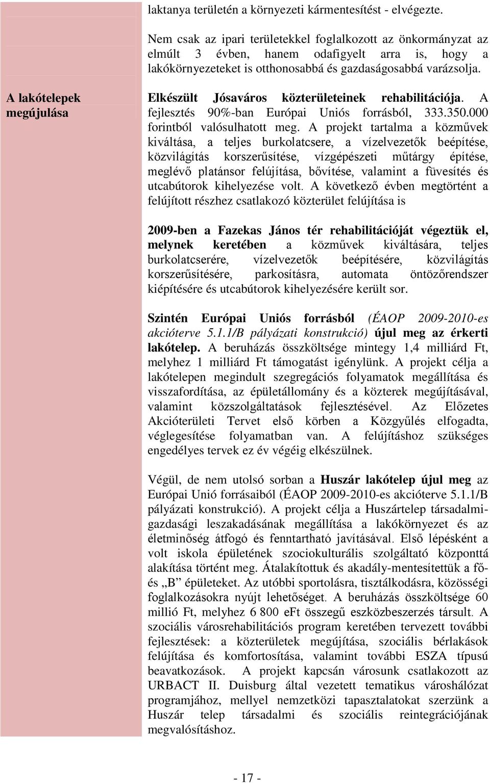 A lakótelepek megújulása Elkészült Jósaváros közterületeinek rehabilitációja. A fejlesztés 90%-ban Európai Uniós forrásból, 333.350.000 forintból valósulhatott meg.