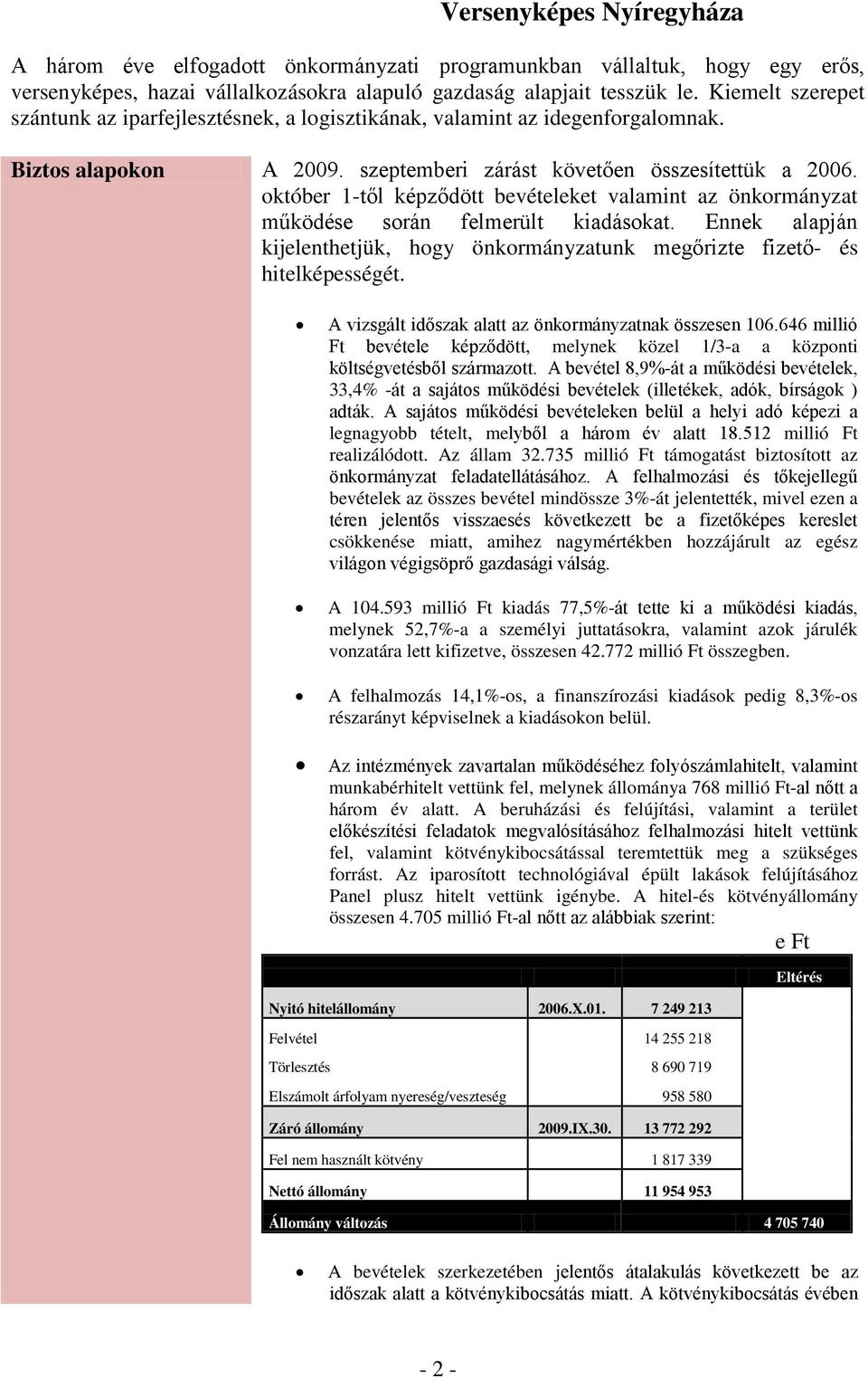 október 1-től képződött bevételeket valamint az önkormányzat működése során felmerült kiadásokat. Ennek alapján kijelenthetjük, hogy önkormányzatunk megőrizte fizető- és hitelképességét.