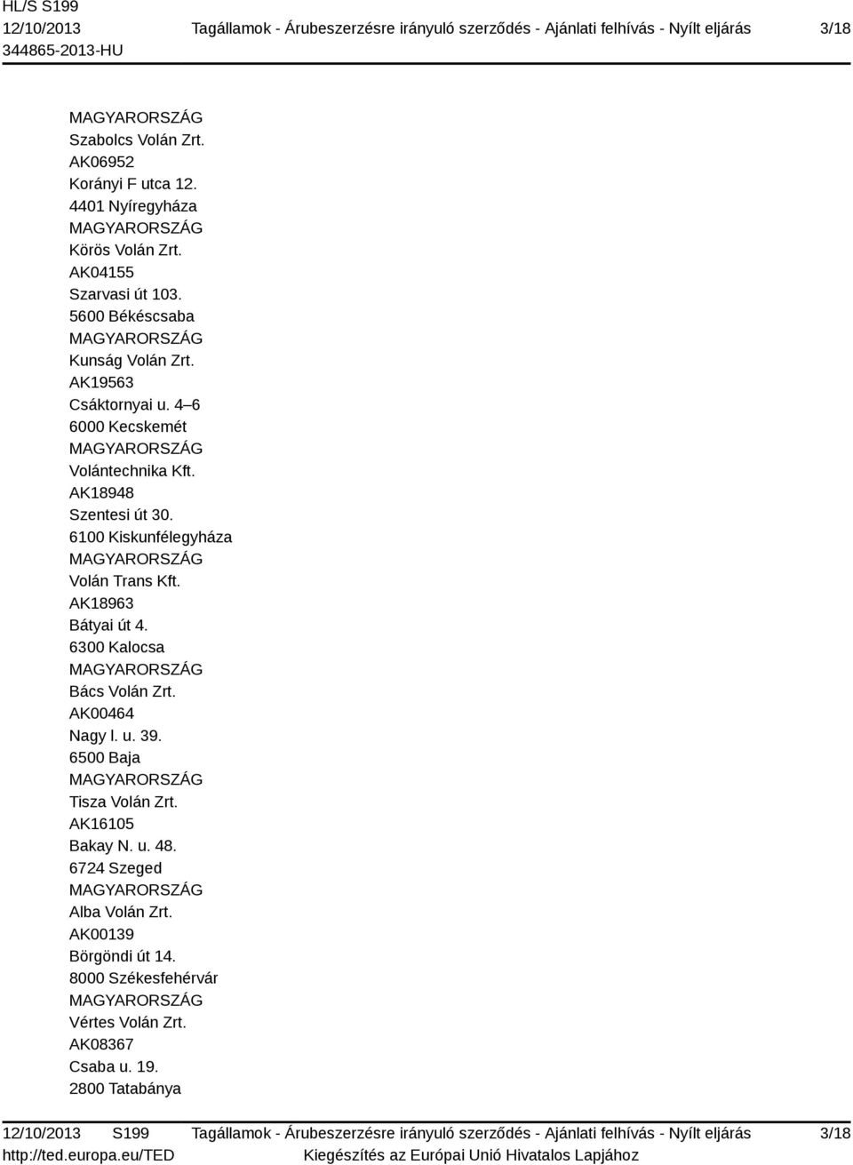 6100 Kiskunfélegyháza Volán Trans Kft. AK18963 Bátyai út 4. 6300 Kalocsa Bács Volán Zrt. AK00464 Nagy l. u. 39.