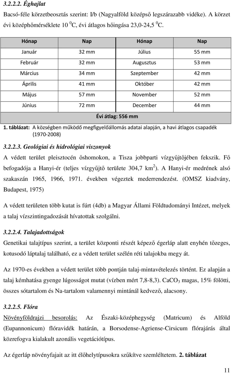 átlag: 556 mm 1. táblázat: A községben működő megfigyelőállomás adatai alapján, a havi átlagos csapadék (1970-2008) 3.