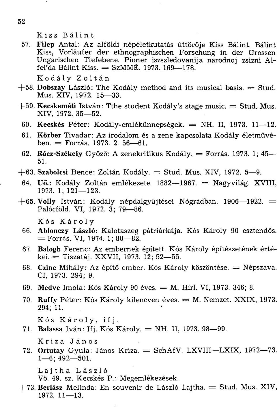 Kecskeméti István: Tthe student Kodály's stage music. = Stud. Mus. XIV, 1972. 35 52. 60. Kecskés Péter: Kodály-emlékünnepségek. = NH. II, 1973. 11 12. 61.