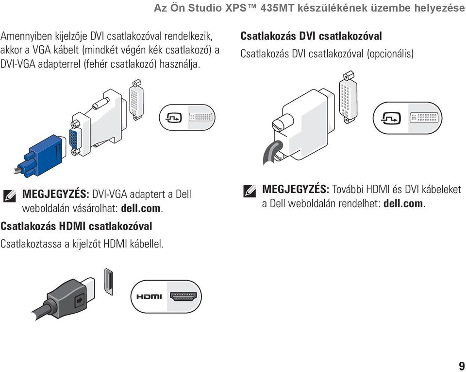 Csatlakozás DVI csatlakozóval Csatlakozás DVI csatlakozóval (opcionális) MEGJEGYZÉS: DVI-VGA adaptert a Dell weboldalán