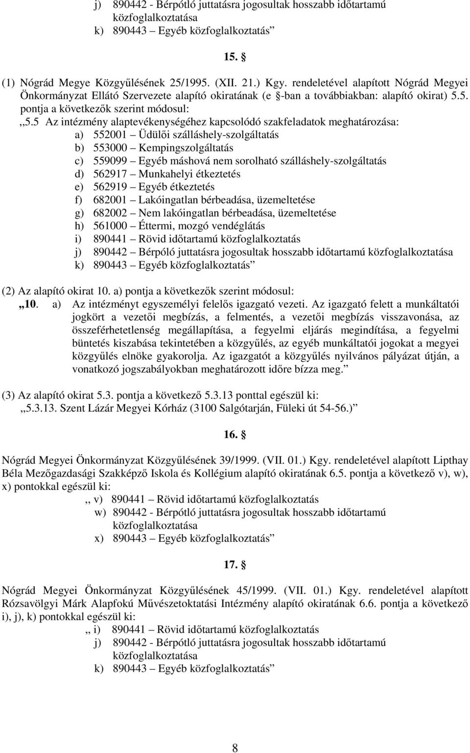 5 Az intézmény alaptevékenységéhez kapcsolódó szakfeladatok meghatározása: a) 552001 Üdülıi szálláshely-szolgáltatás b) 553000 Kempingszolgáltatás c) 559099 Egyéb máshová nem sorolható