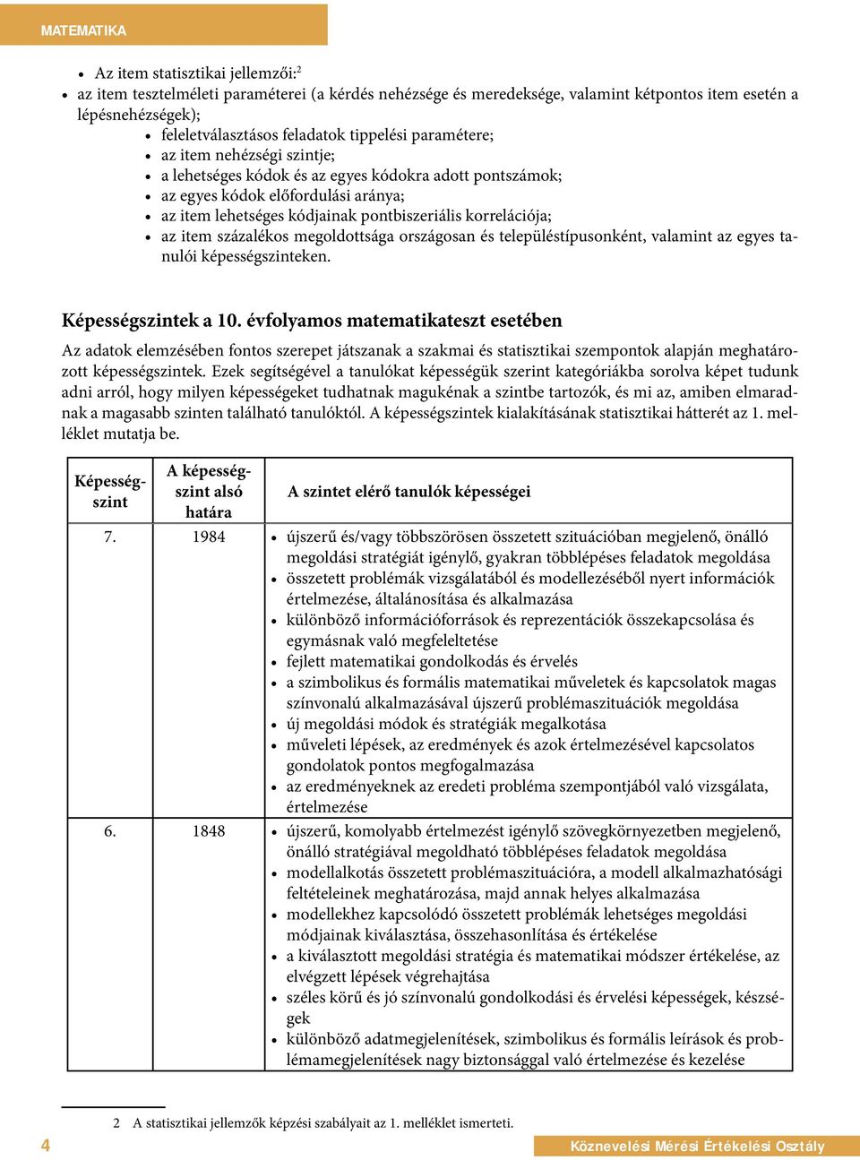 korrelációja; az item százalékos megoldottsága országosan és településtípusonként, valamint az egyes tanulói képességszinteken. Képességszintek a 1.