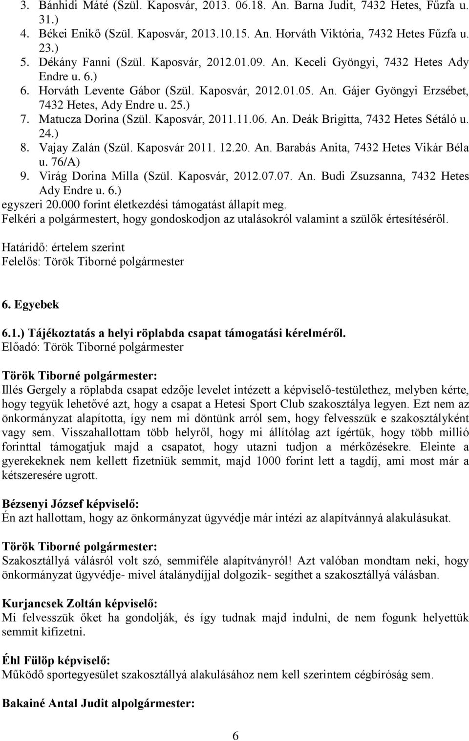 ) 7. Matucza Dorina (Szül. Kaposvár, 2011.11.06. An. Deák Brigitta, 7432 Hetes Sétáló u. 24.) 8. Vajay Zalán (Szül. Kaposvár 2011. 12.20. An. Barabás Anita, 7432 Hetes Vikár Béla u. 76/A) 9.