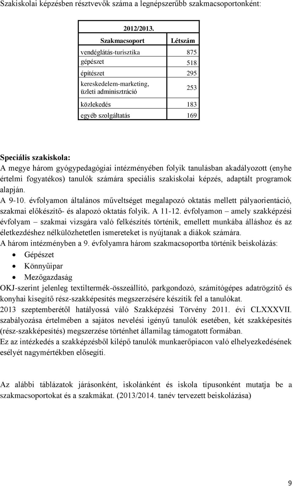 gyógypedagógiai intézményében folyik tanulásban akadályozott (enyhe értelmi fogyatékos) tanulók számára speciális szakiskolai képzés, adaptált programok alapján. A 9-10.