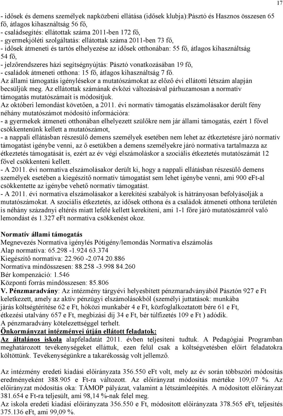 vonatkozásában 19 fő, - családok átmeneti otthona: 15 fő, átlagos kihasználtság 7 fő. Az állami támogatás igénylésekor a mutatószámokat az előző évi ellátotti létszám alapján becsüljük meg.