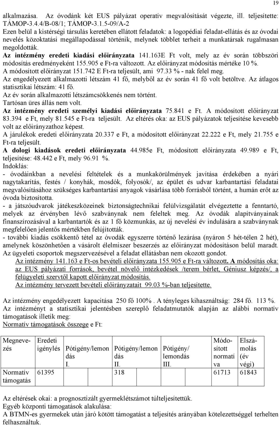 5-09/A-2 Ezen belül a kistérségi társulás keretében ellátott feladatok: a logopédiai feladat-ellátás és az óvodai nevelés közoktatási megállapodással történik, melynek többlet terheit a munkatársak